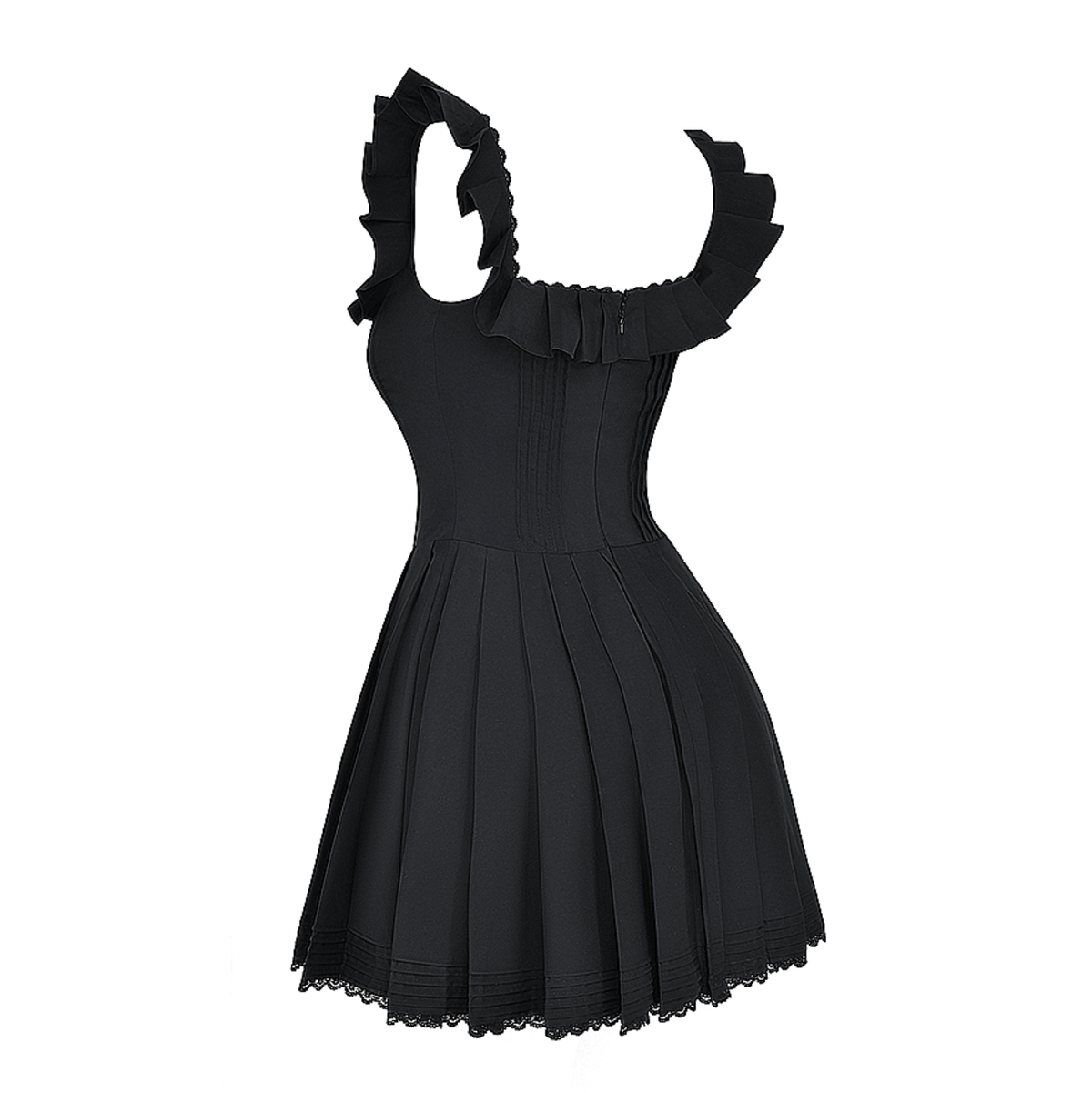 Black Ruffle Strap Square Neck Pleated Corset Lace Trim Flared Mini Dress