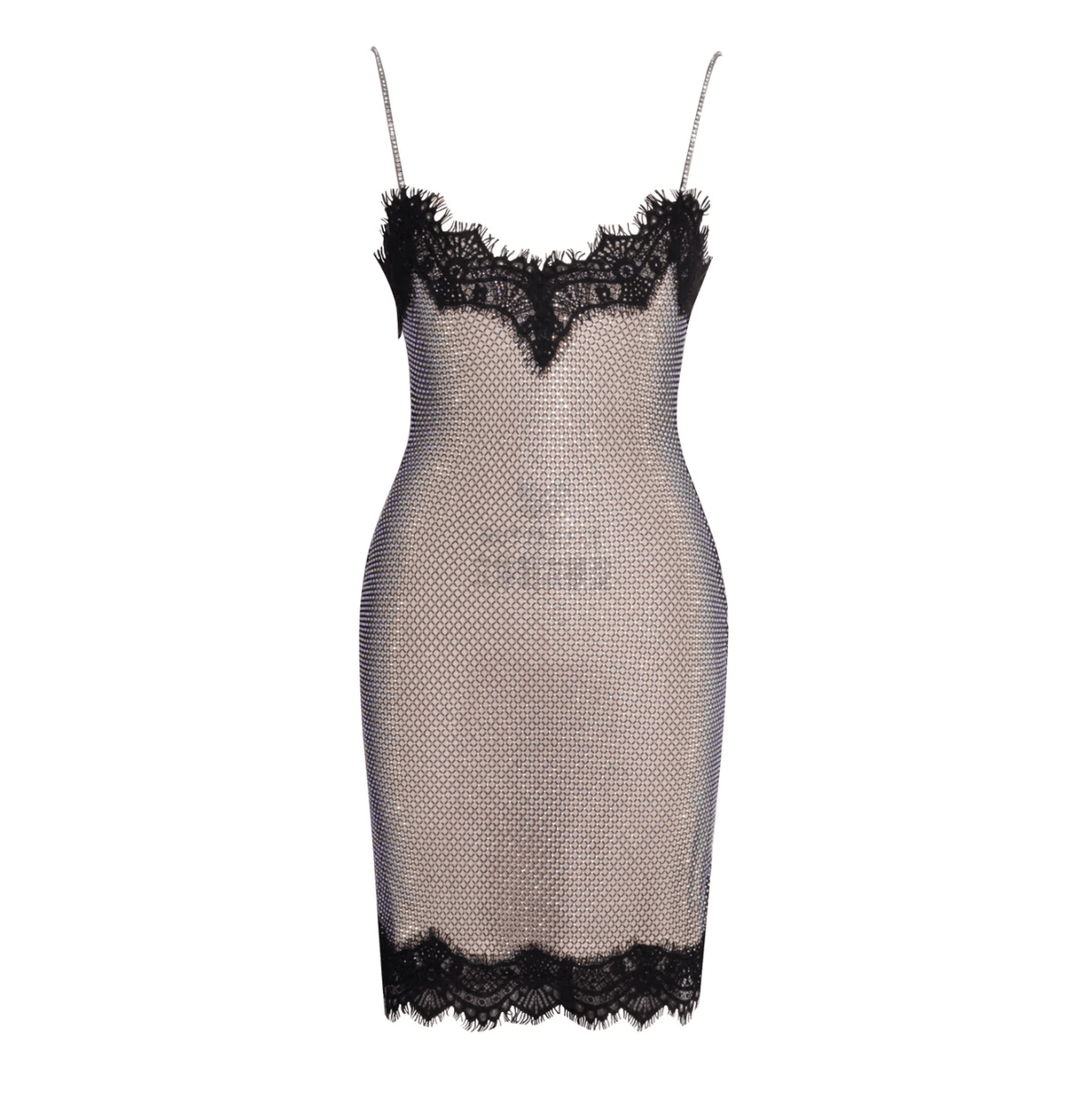Beige Spaghetti Strap Lace Trim Rhinestone Mesh Bodycon Mini Dress