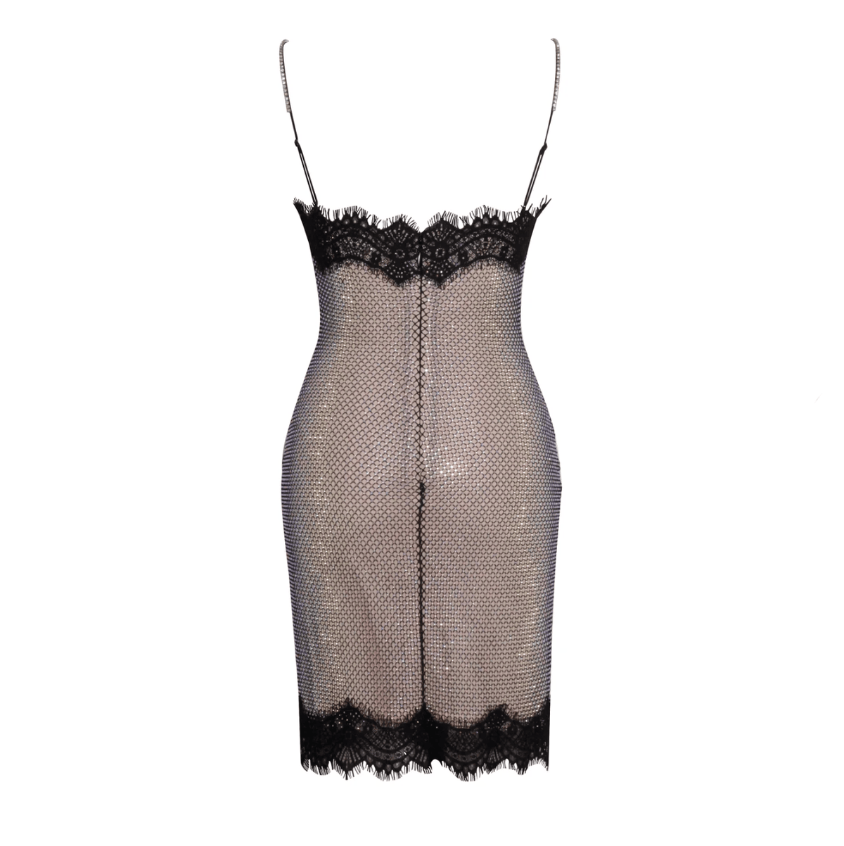 Beige Spaghetti Strap Lace Trim Rhinestone Mesh Bodycon Mini Dress