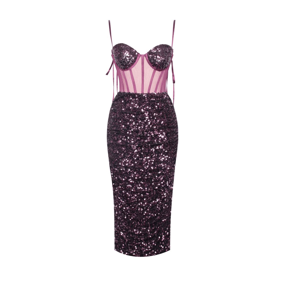 Spaghetti Strap Sequin Corset Ruched Bodycon Midi Dress