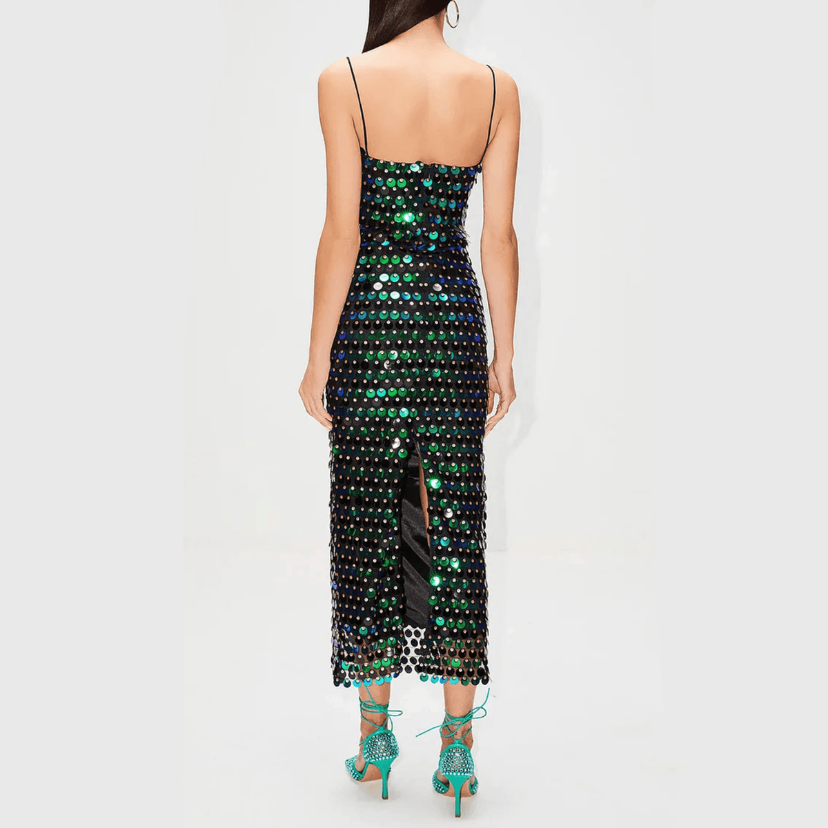 Spaghetti Strap Disc Paillette Sequin Bodycon Midi Dress