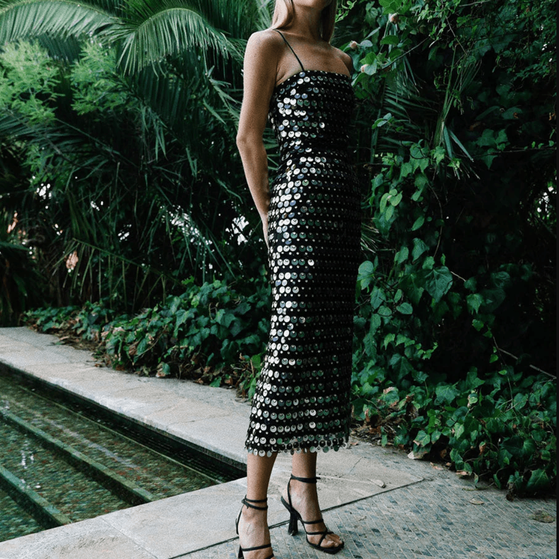 Spaghetti Strap Disc Paillette Sequin Bodycon Midi Dress