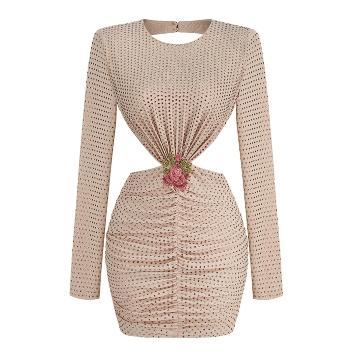 Beige Round Neck Long Sleeve Rhinestone Rosette Cutout Ruched Bodycon Mini Dress