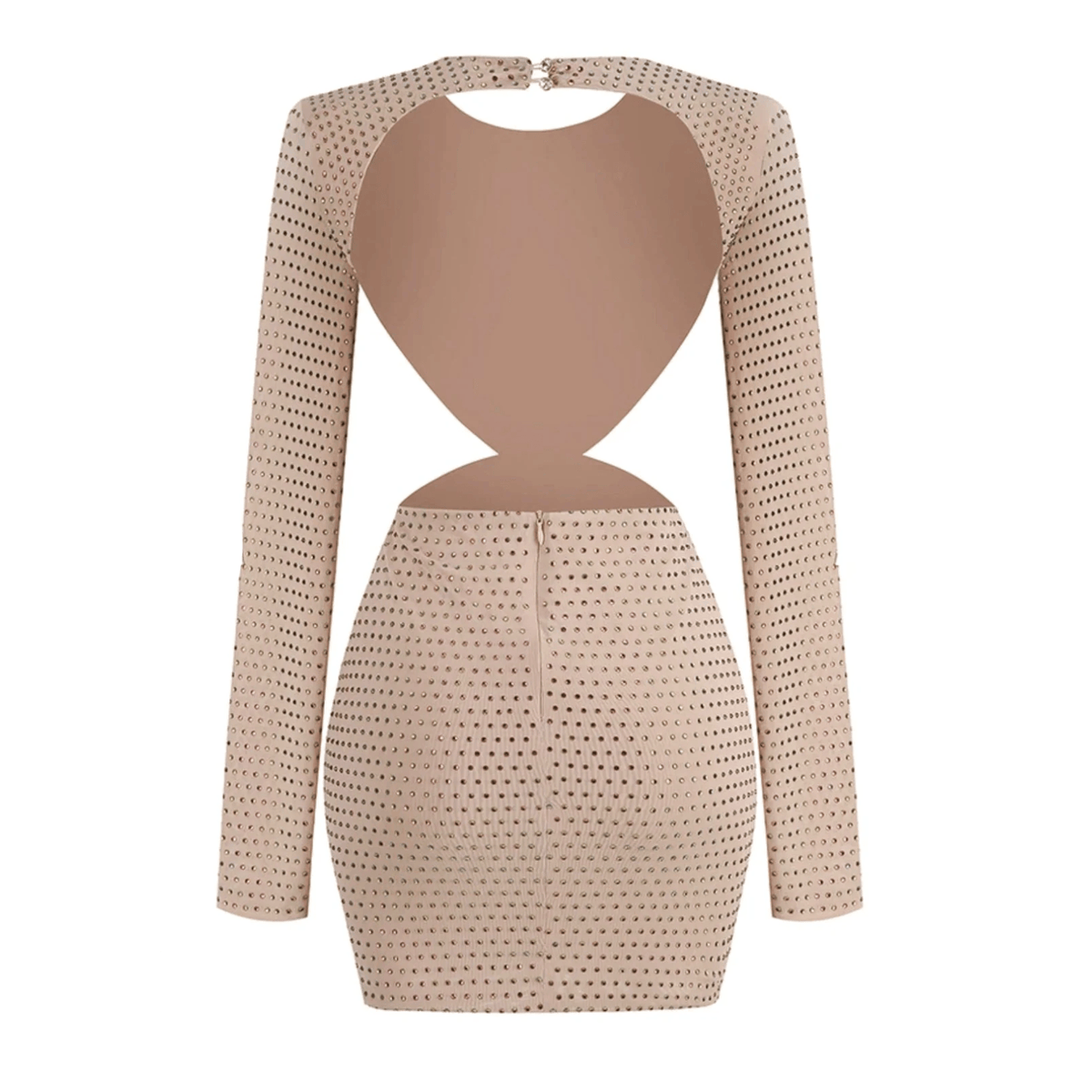Beige Round Neck Long Sleeve Rhinestone Rosette Cutout Ruched Bodycon Mini Dress