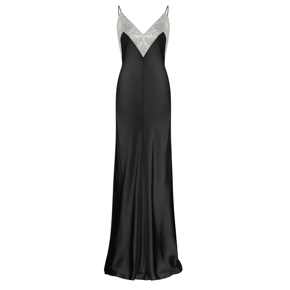 Black Rhinestone Strap Crystal Embellished V-Neck Satin Bodycon Maxi Dress