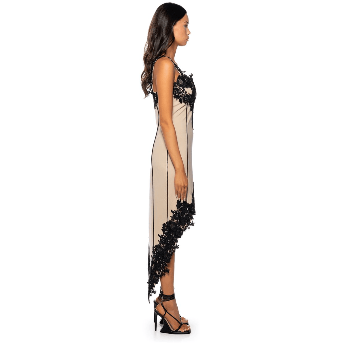 Beige V-Neck Floral Lace Applique High Slit Bodycon Midi Dress
