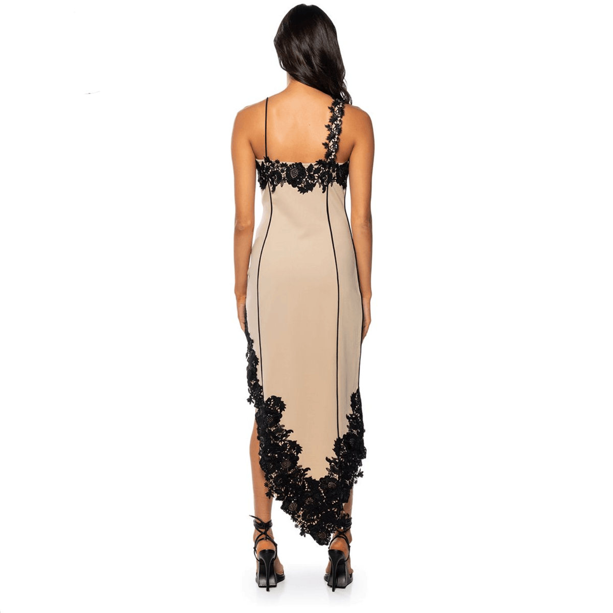Beige V-Neck Floral Lace Applique High Slit Bodycon Midi Dress