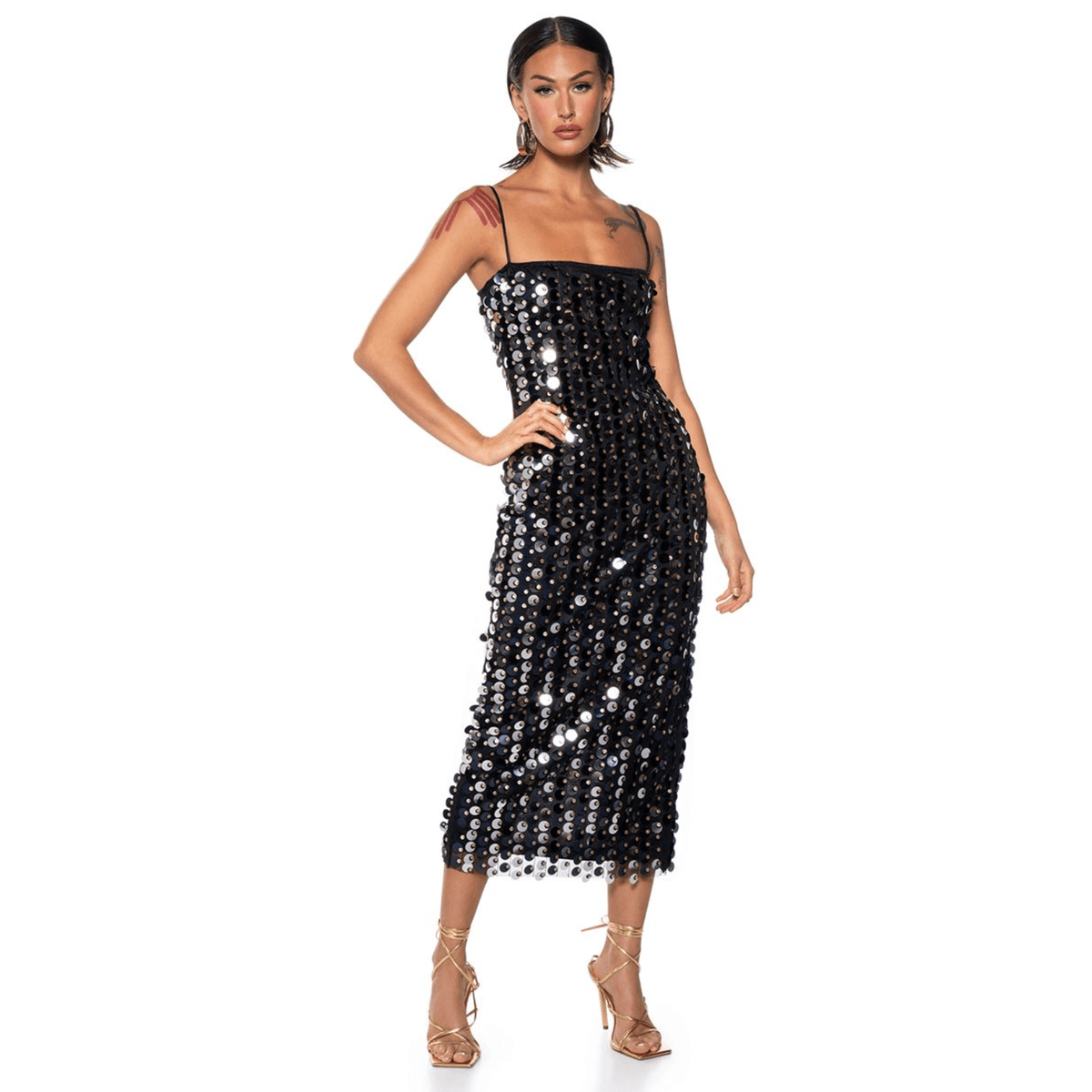 Spaghetti Strap Disc Paillette Sequin Bodycon Midi Dress