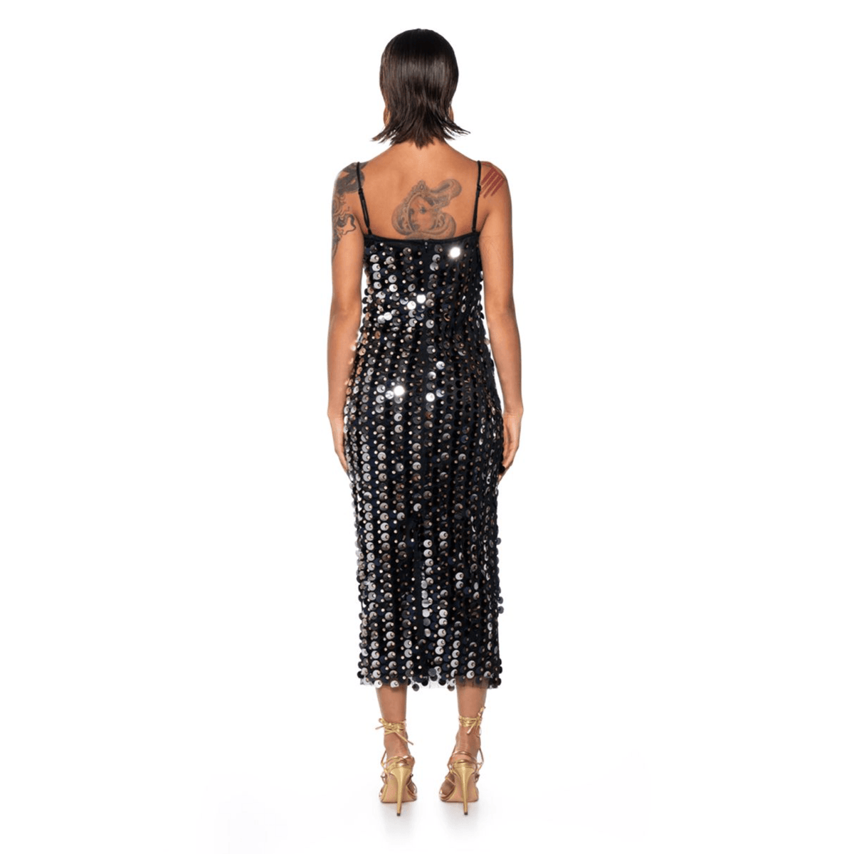 Spaghetti Strap Disc Paillette Sequin Bodycon Midi Dress