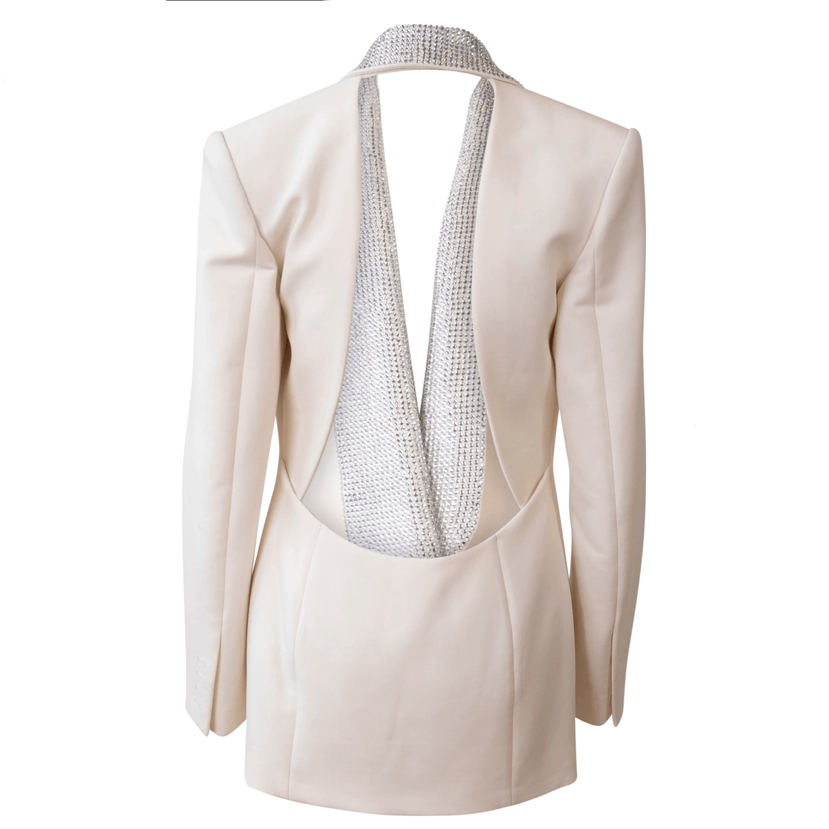 Beige Plunge Neck Crystal Lapel Long Sleeve Blazer Mini Dress