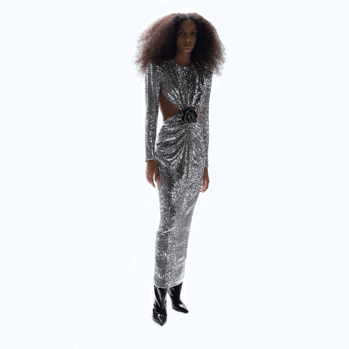 Silver Round Neck Long Sleeve Sequin Rosette Waist Cutout Maxi Dress 2
