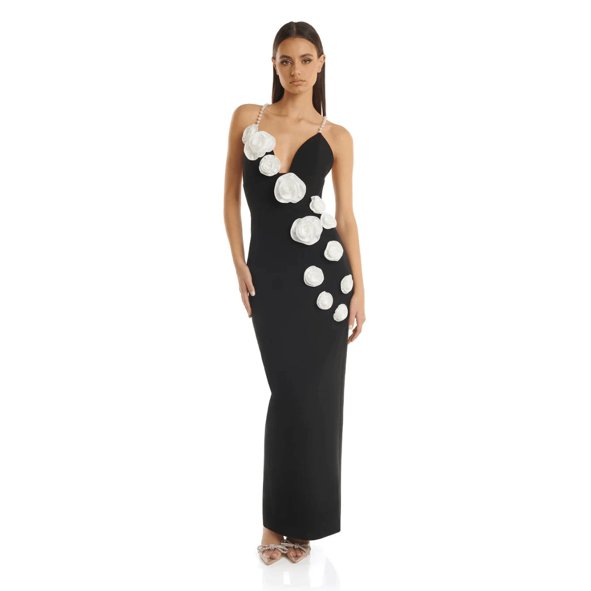 Black Pearl Strap Plunge Rosette Applique Bodycon Maxi Dress