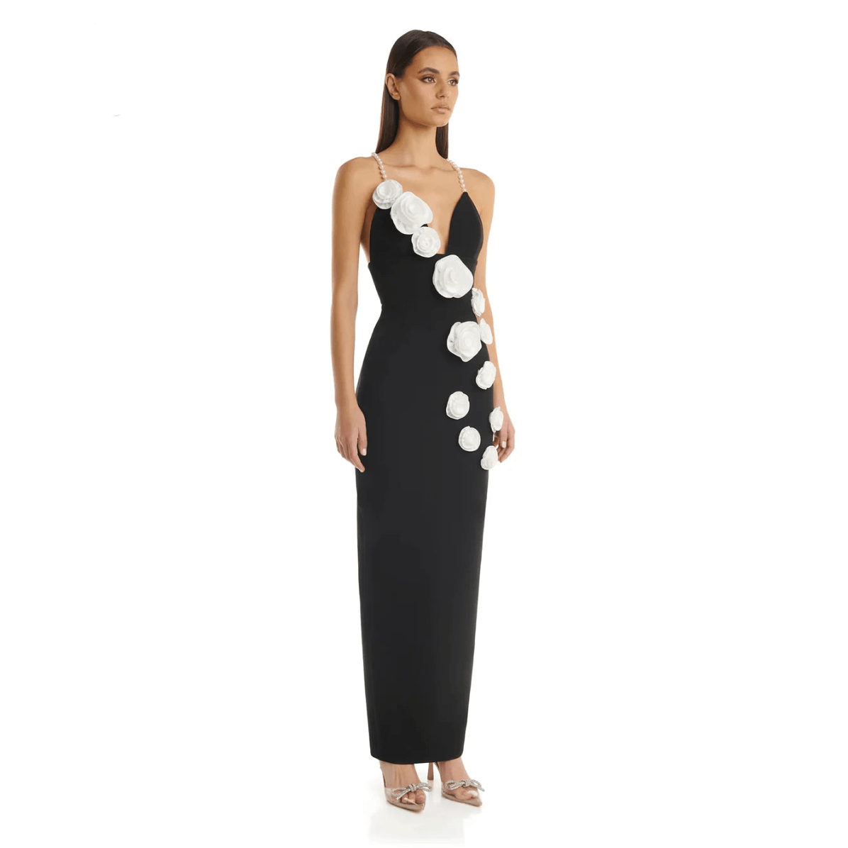 Black Pearl Strap Plunge Rosette Applique Bodycon Maxi Dress