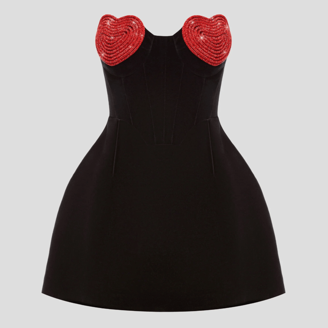 Black Strapless Heart Beaded Cup Velvet Corset Mini Dress