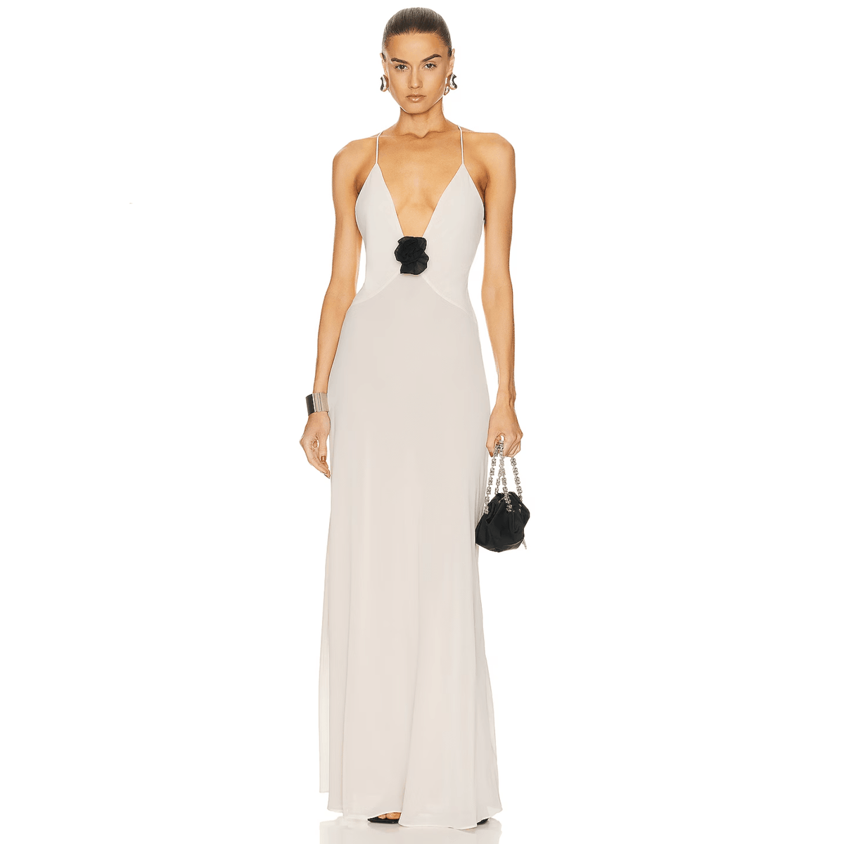 Spaghetti Strap Deep V-Neck Rosette Bodycon Maxi Gown