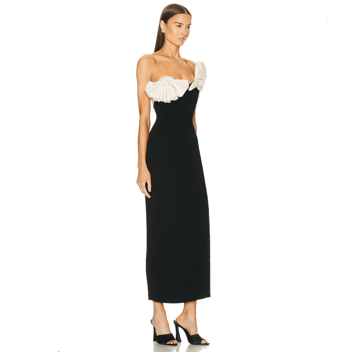 Black Strapless Contrast Ruffle Bow High Slit Column Maxi Gown