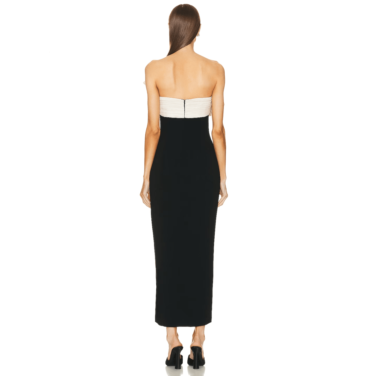 Black Strapless Contrast Ruffle Bow High Slit Column Maxi Gown