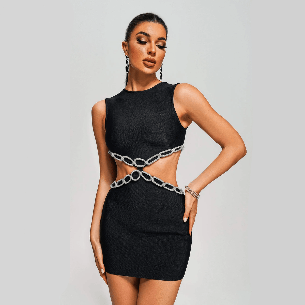 Black Round Neck Rhinestone Cut-Out Waist Bodycon Mini Dress