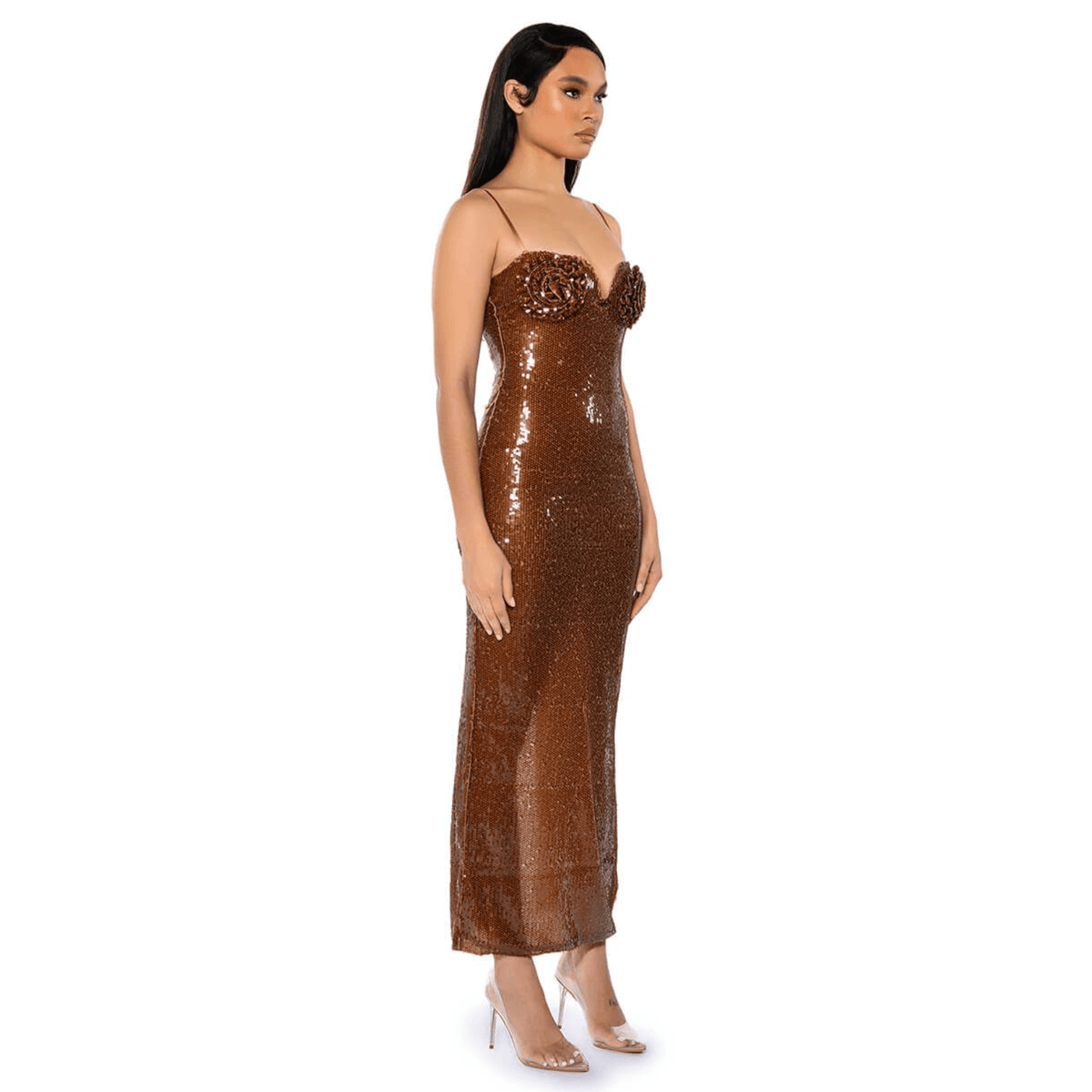 Brown Strapless Sweetheart Sequin Rosette Bodycon Maxi Dress 11
