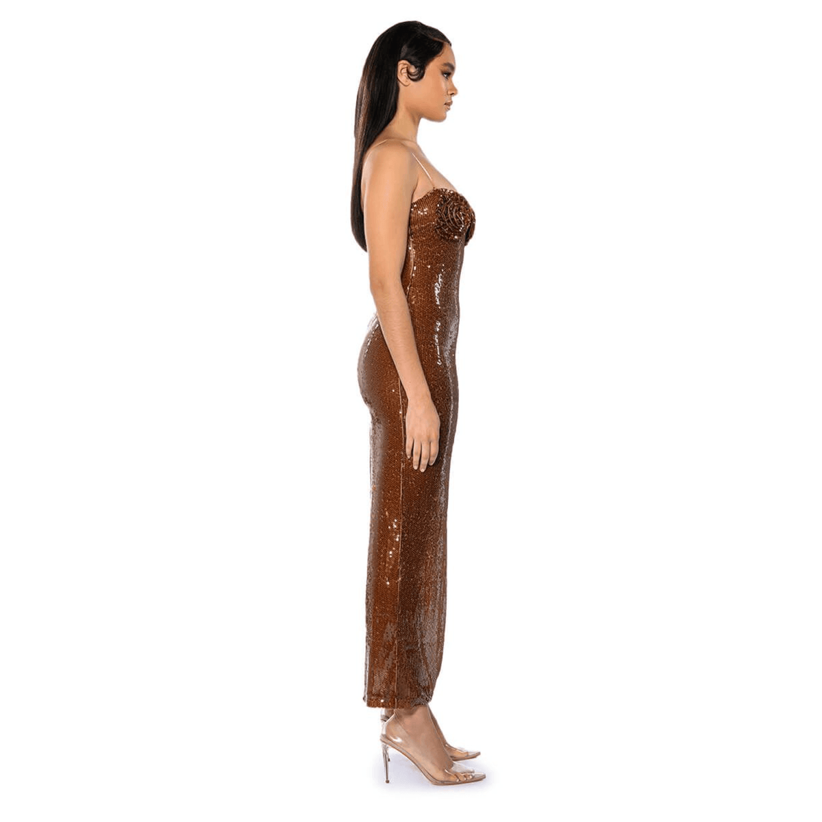 Brown Strapless Sweetheart Sequin Rosette Bodycon Maxi Dress 12
