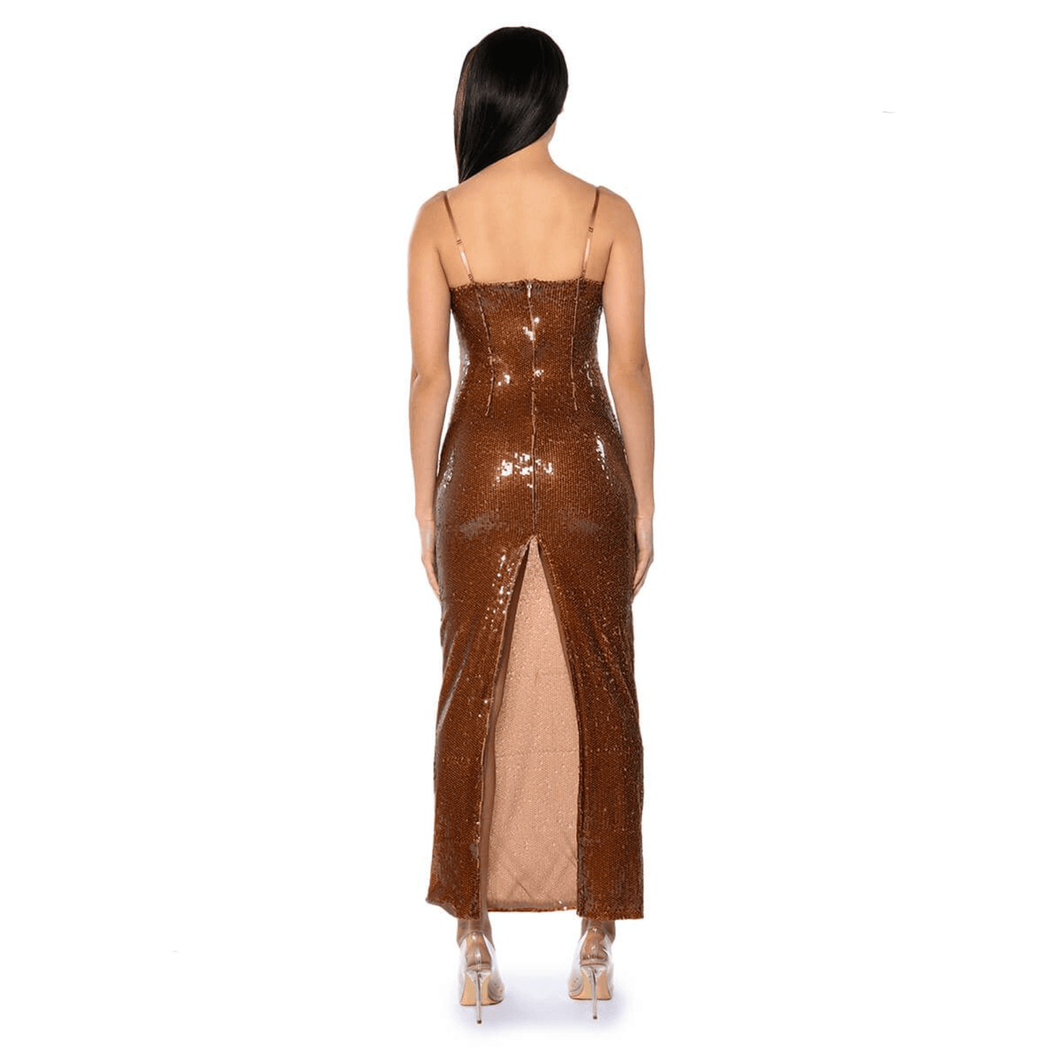 Brown Strapless Sweetheart Sequin Rosette Bodycon Maxi Dress 13