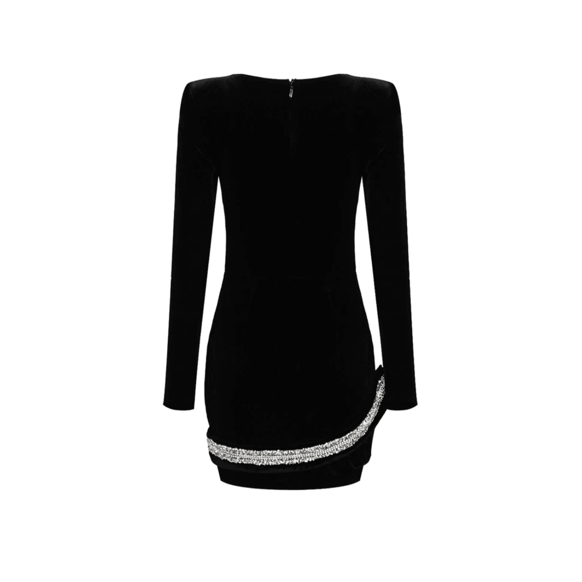 Black Plunge V-Neck Long Sleeve Velvet Rhinestone Embellished Bodycon Mini Dress