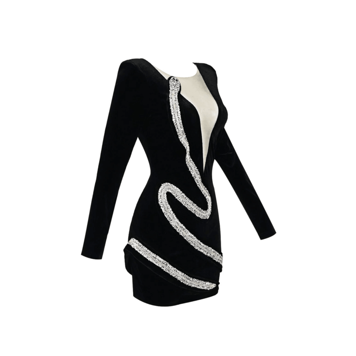 Black Plunge V-Neck Long Sleeve Velvet Rhinestone Embellished Bodycon Mini Dress