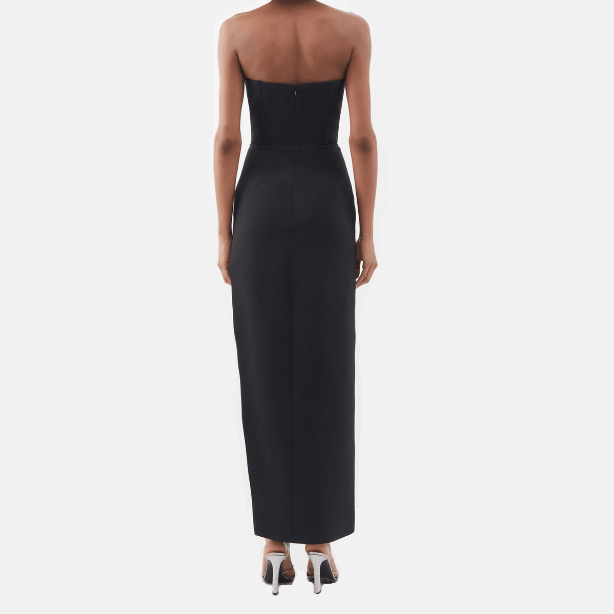 Black Strapless Crystal Rose Embroidered High Slit Corset Maxi Gown
