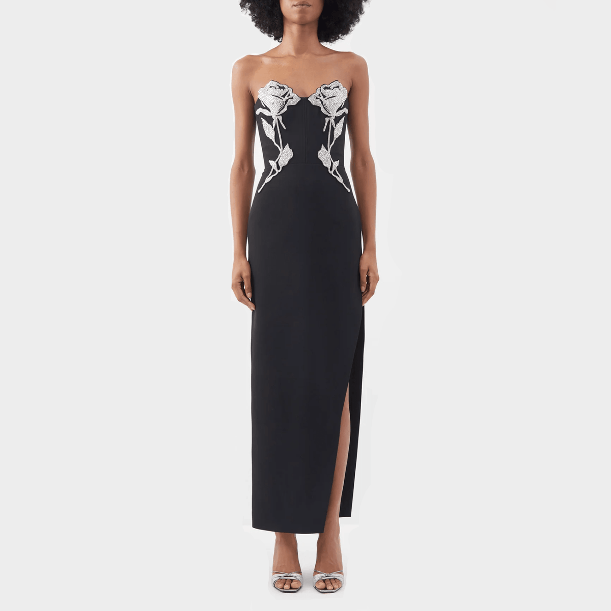 Black Strapless Crystal Rose Embroidered High Slit Corset Maxi Gown