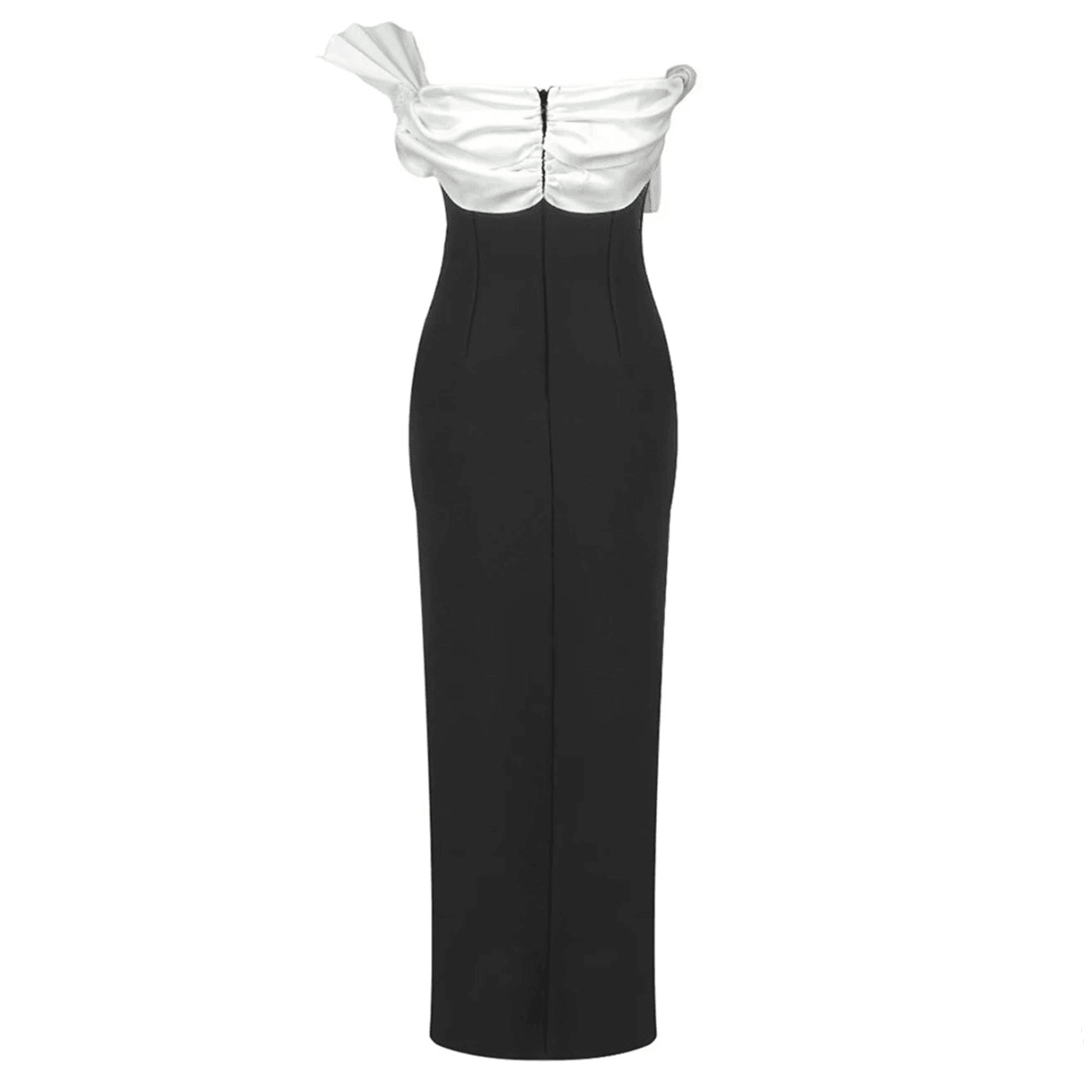 Black Strapless Contrast Ruffle Bow High Slit Column Maxi Gown