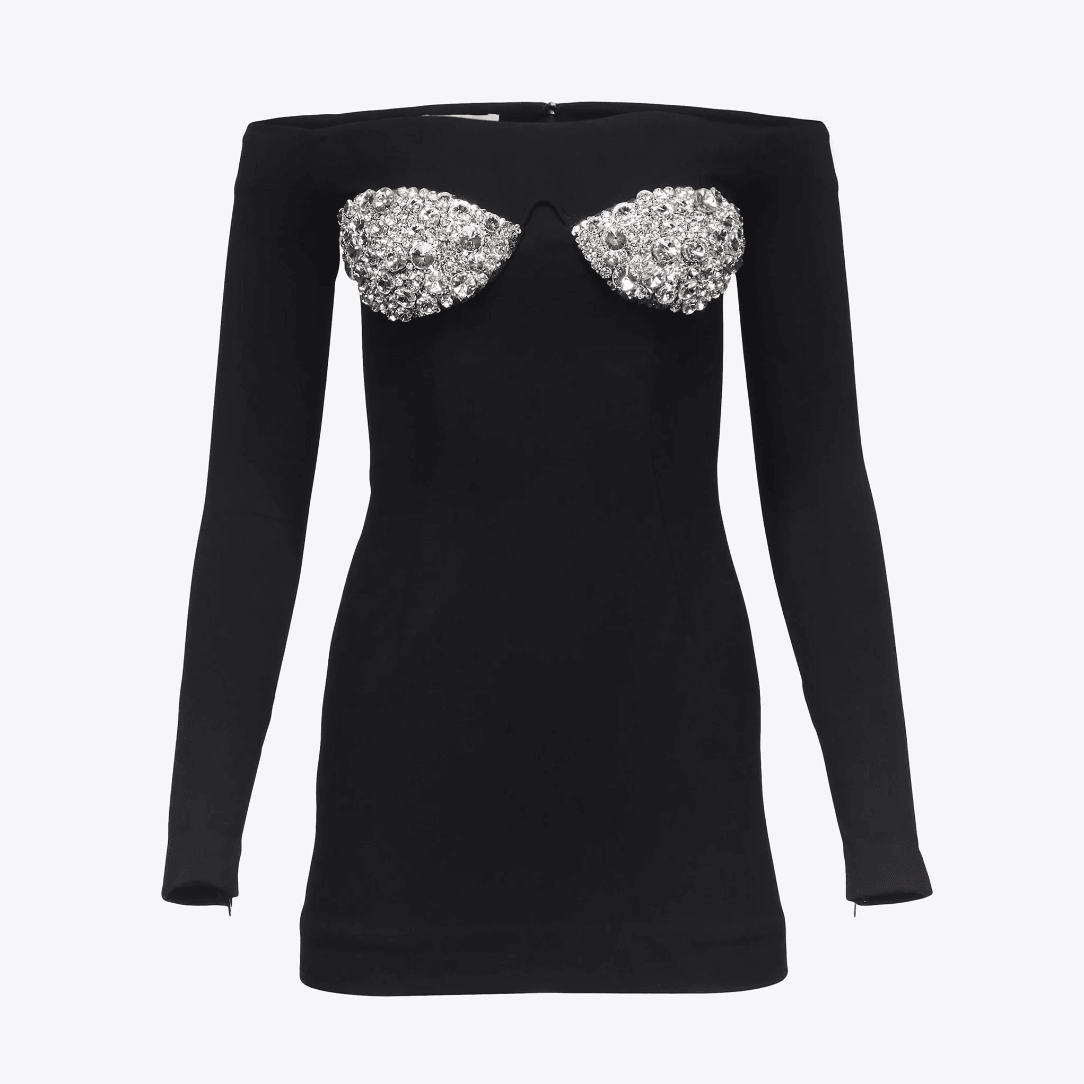 Black Off-Shoulder Long Sleeve Rhinestone Cup Bodycon Mini Dress 9