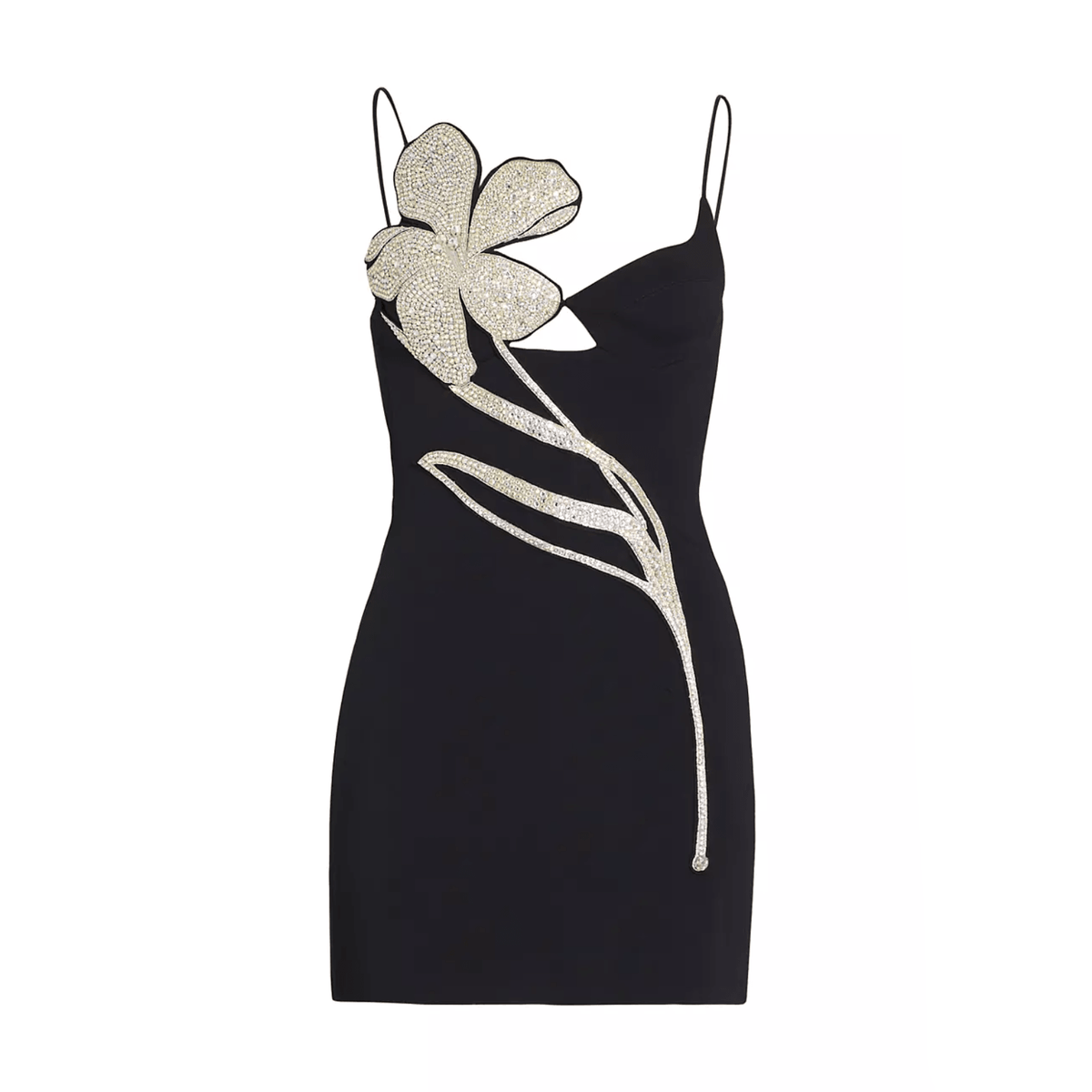 Spaghetti Strap Crystal Floral Applique Cutout Bodycon Mini Dress