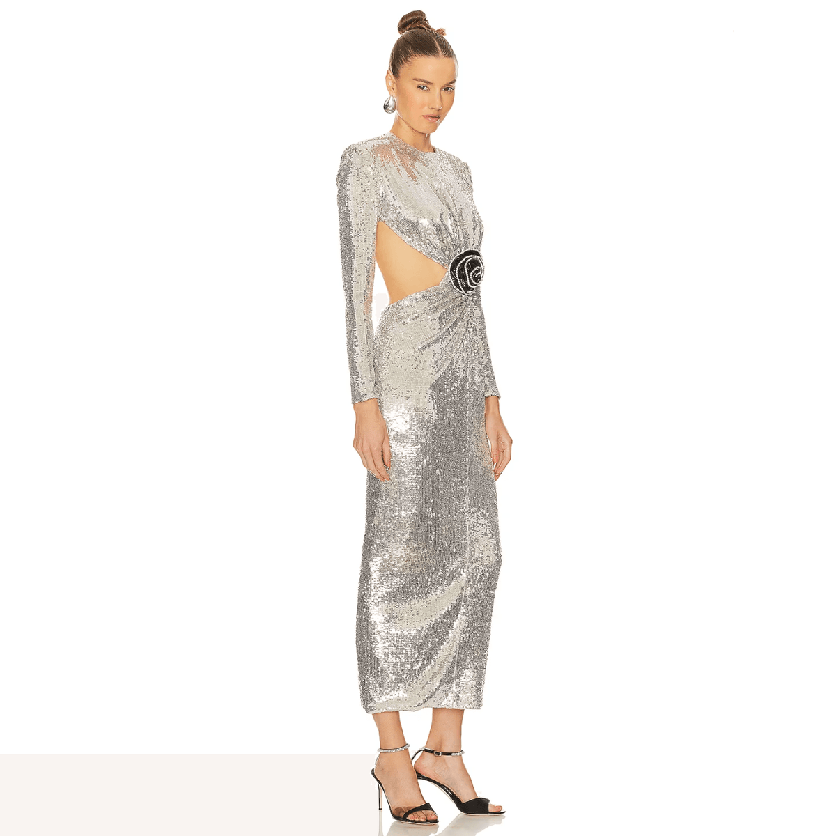 Silver Round Neck Long Sleeve Sequin Rosette Waist Cutout Maxi Dress 5