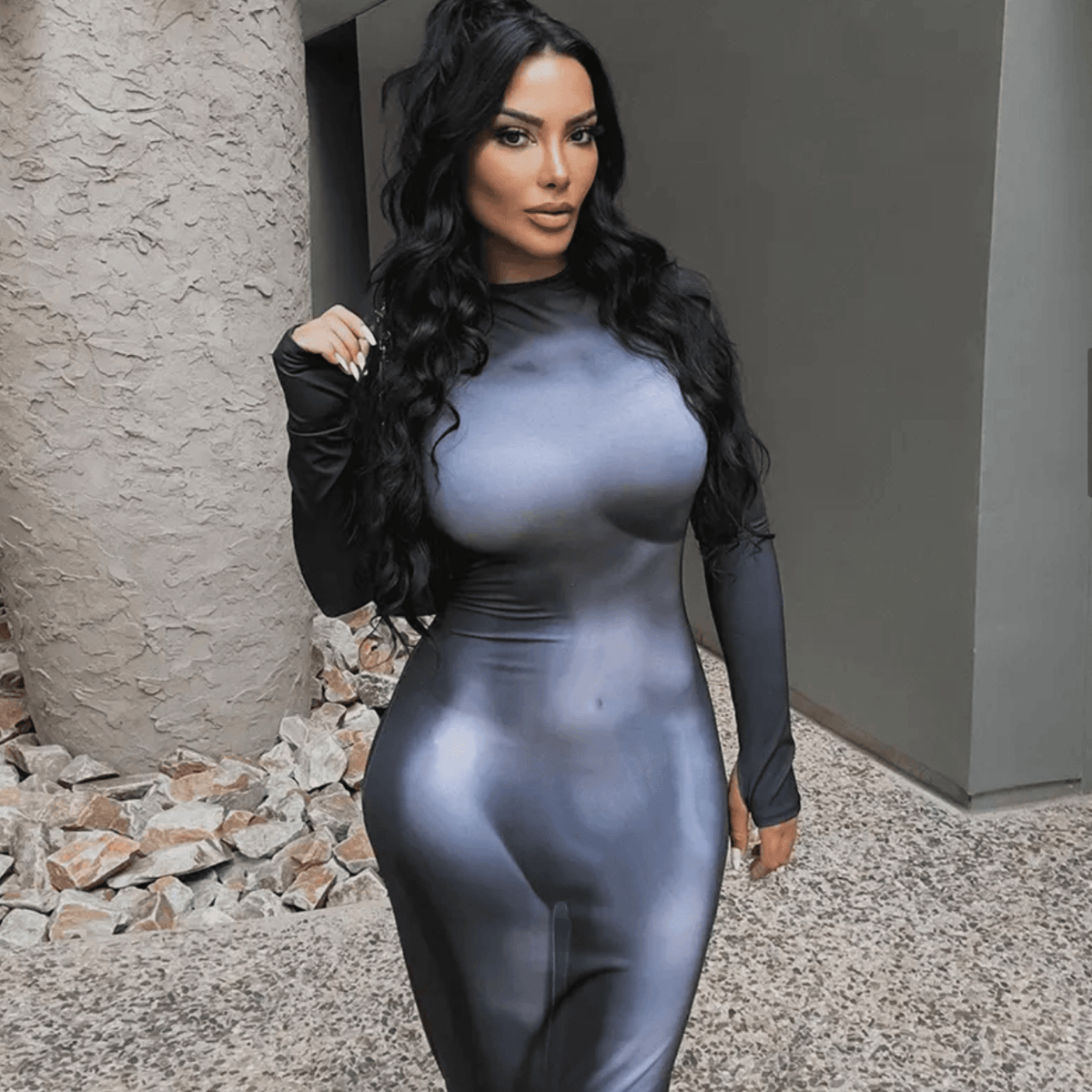 Blue Mock Neck Body Print Long Sleeve Bodycon Maxi Dress