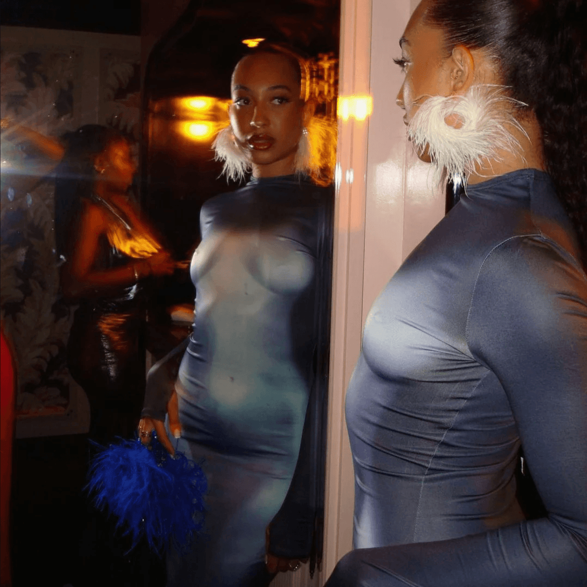 Blue Mock Neck Body Print Long Sleeve Bodycon Maxi Dress