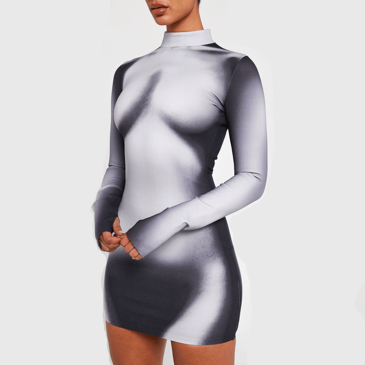 White Mock Neck Body Print Long Sleeve Bodycon Mini Dress 13