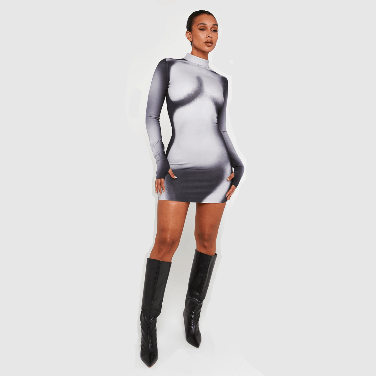 White Mock Neck Body Print Long Sleeve Bodycon Mini Dress 10