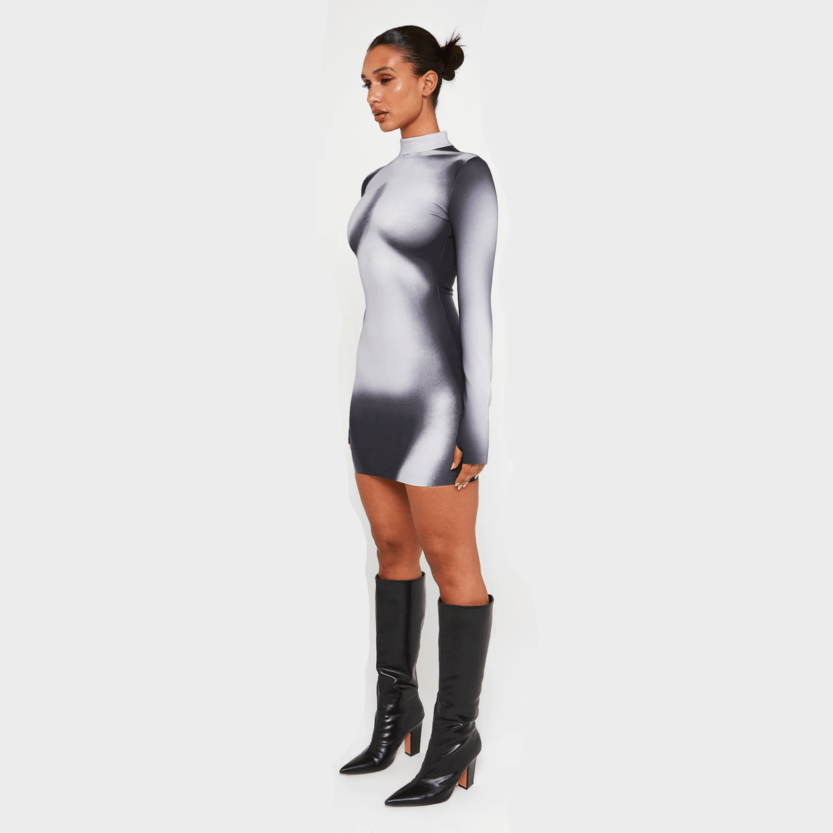 White Mock Neck Body Print Long Sleeve Bodycon Mini Dress 11