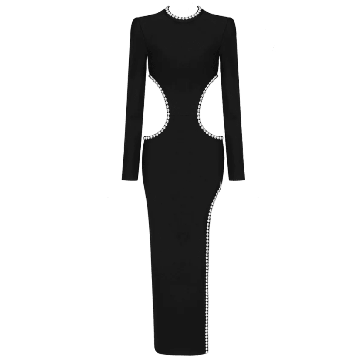 Black Round Neck Beaded Trim Long Sleeve Cutout Bodycon Maxi Dress