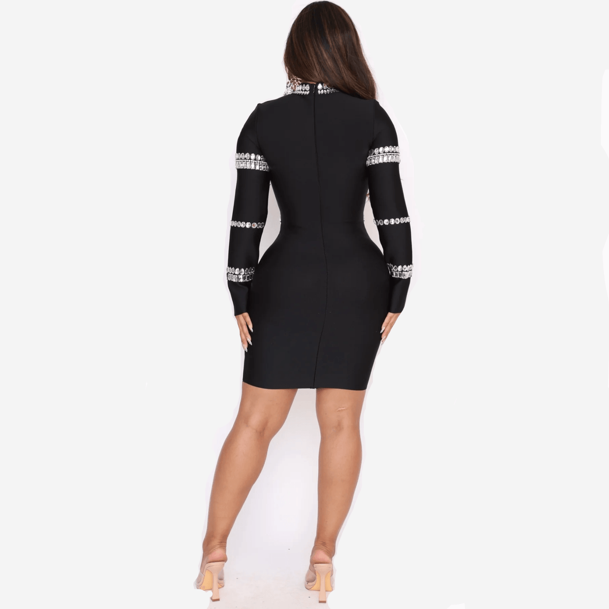 Black High Neck Long Sleeve Crystal Embellished Bodycon Mini Dress