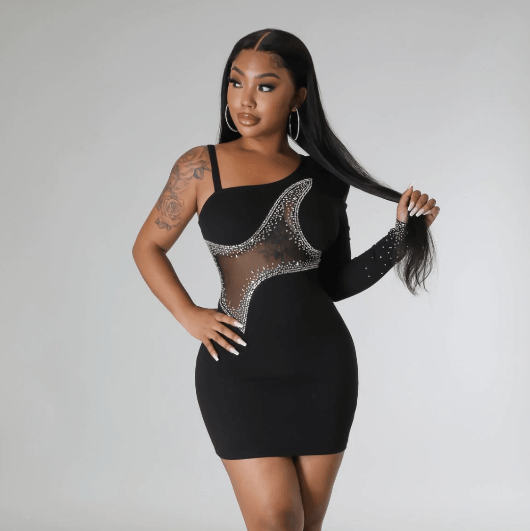 Black One Shoulder Rhinestone Sheer Mesh Cutout Bodycon Mini Dress