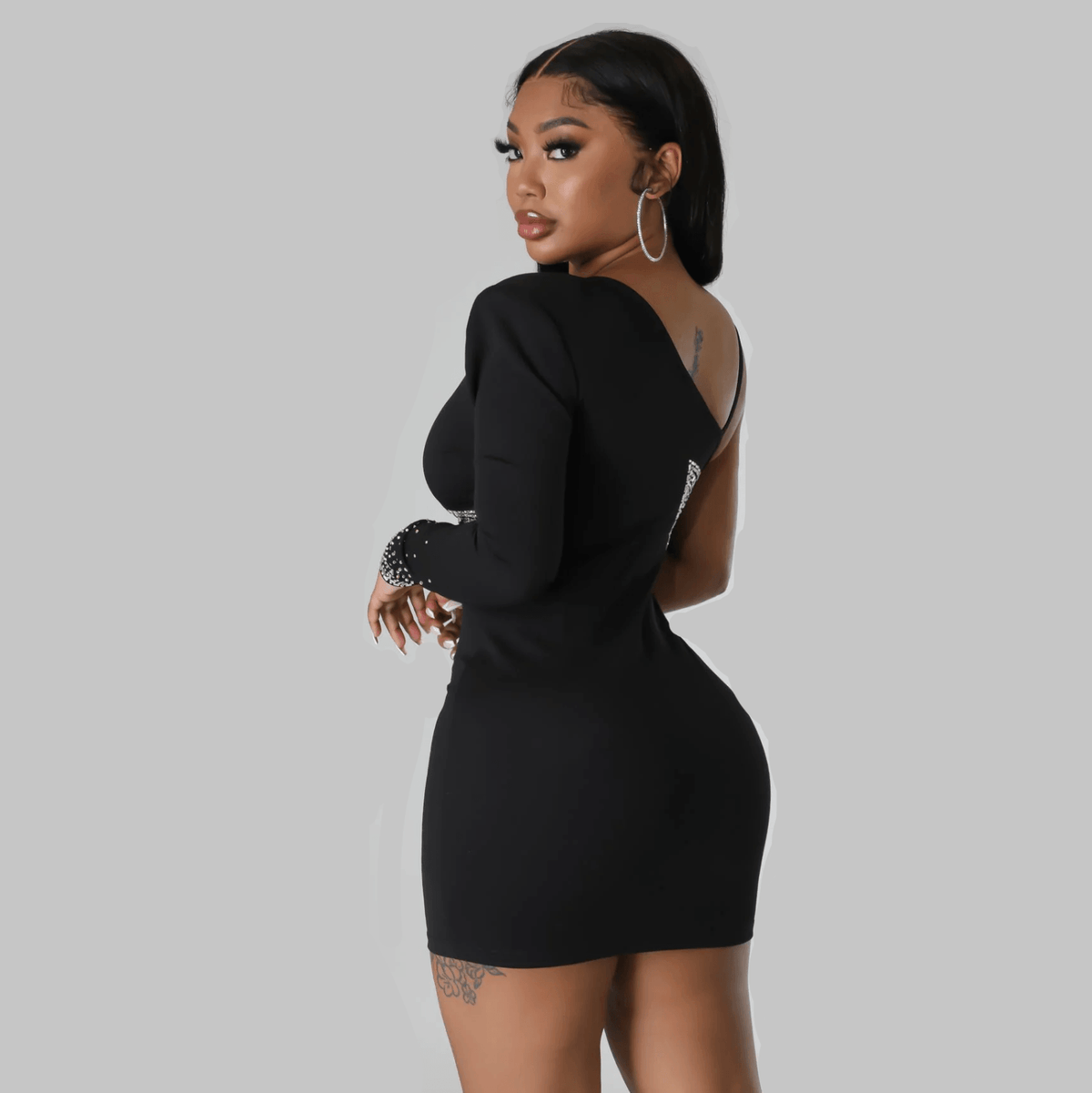 Black One Shoulder Rhinestone Sheer Mesh Cutout Bodycon Mini Dress