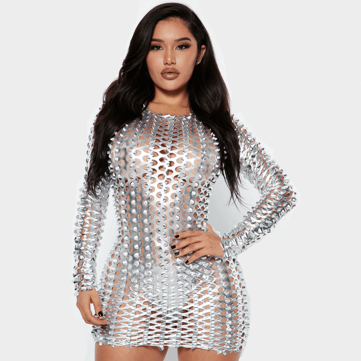 Silver Round Neck Metallic Laser Cut Hollow Long Sleeve Bodycon Mini Dress