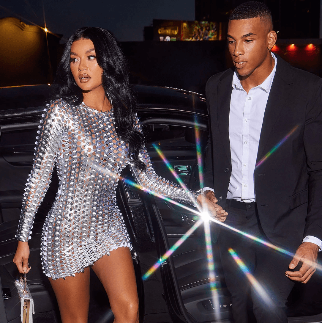 Silver Round Neck Metallic Laser Cut Hollow Long Sleeve Bodycon Mini Dress