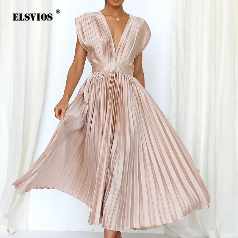 Delia Chic V Neck Maxi Dress with Pleats Designer Edit