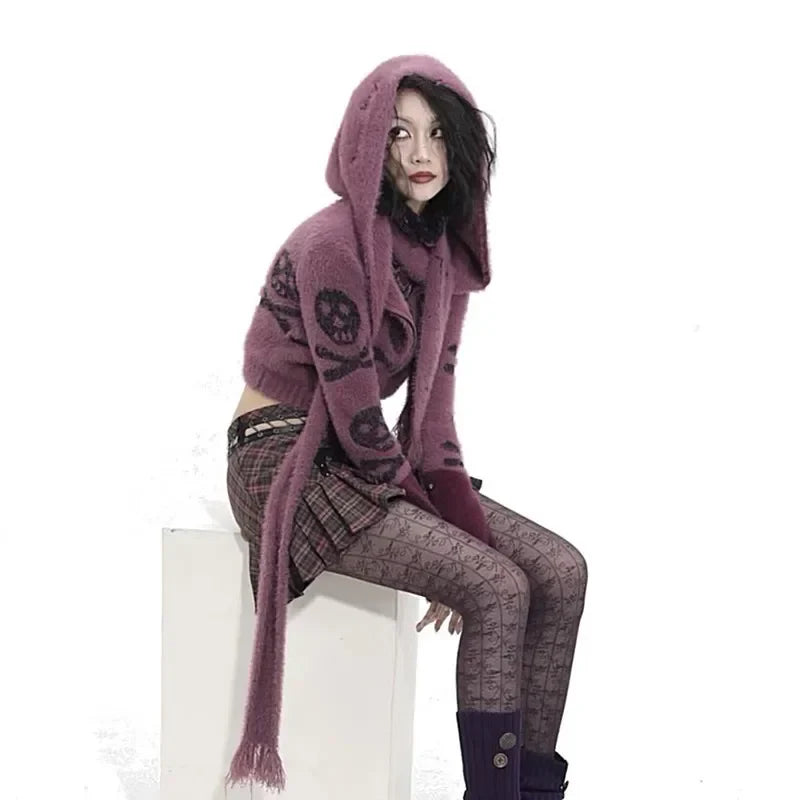 Gothic Skull Embroidery Punk Style Grunge Aesthetics Cropped Vintage Hooded Knitted Cardigan