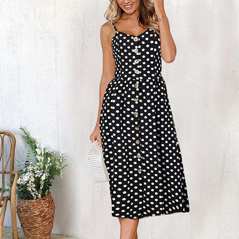 Button Open Back Red Casual Midi Dress