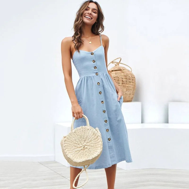 Button Open Back Red Casual Midi Dress