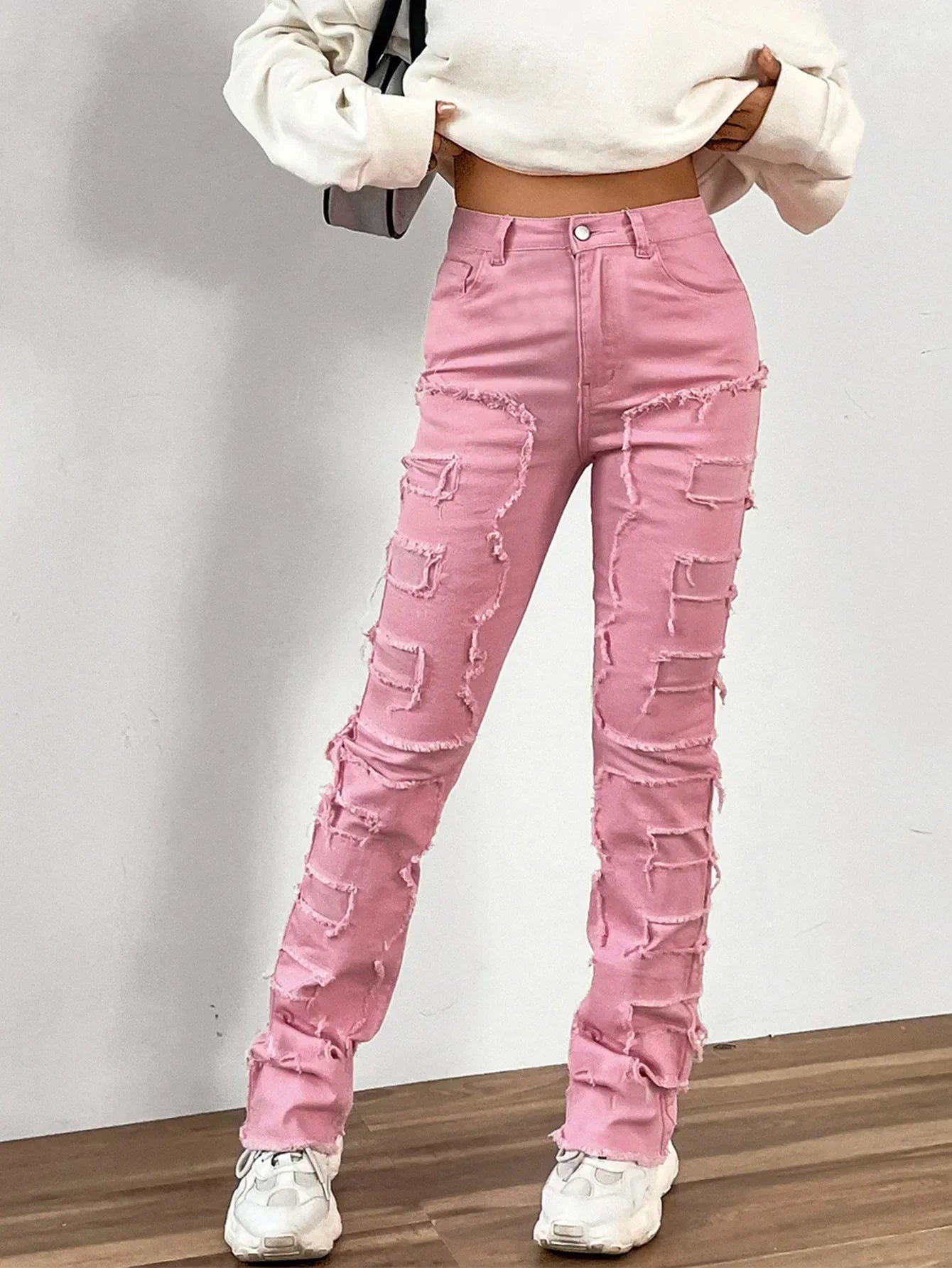 New European and American Streetwise Stretch Patch for Women High Street Straight Fit Long Women's Jean