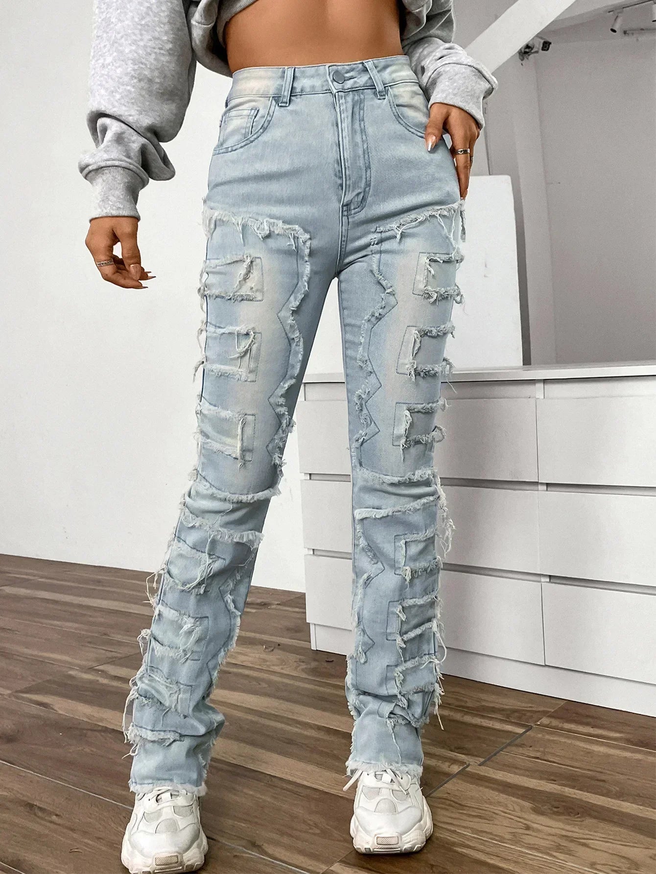 2024 New European And American Streetwise Stretch Patch For Women High Street Straight Fit Long